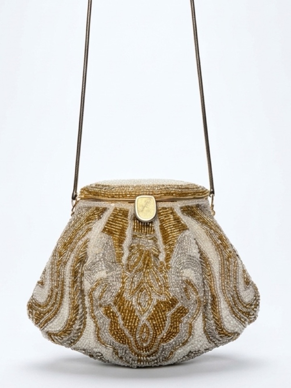La Regale VTG 70s beaded hinge flip top evening bag, chain strap, gold/slvr/wht